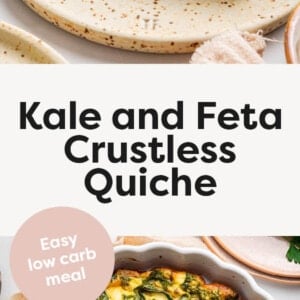 Slice of Kale and Feta Crustless Quiche on a plate. Photo below is of the Kale and Feta Crustless Quiche with some slices cut.