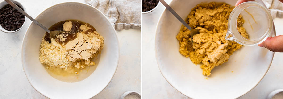 Side by side photos of a bowl, mixing almond flour, protein powder, maple syrup and water together.