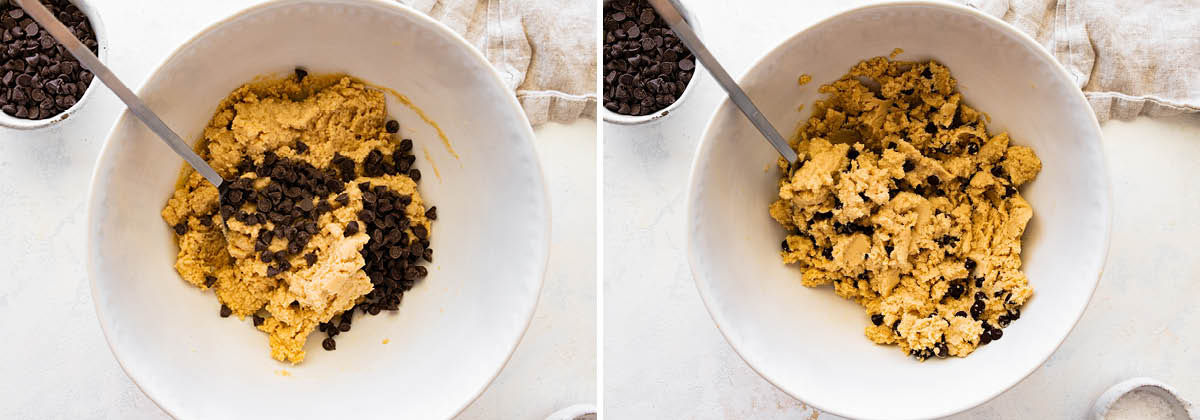 Two photos showing chocolate chips being stirred into protein cookie dough.