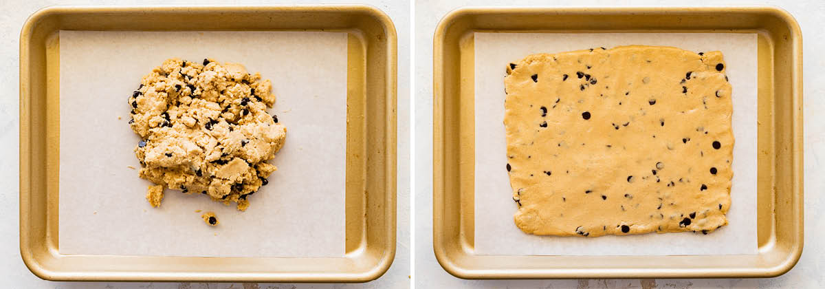 Side by side photos of cookie dough being formed into a rectangle on a cookie sheet, flat bark shape.