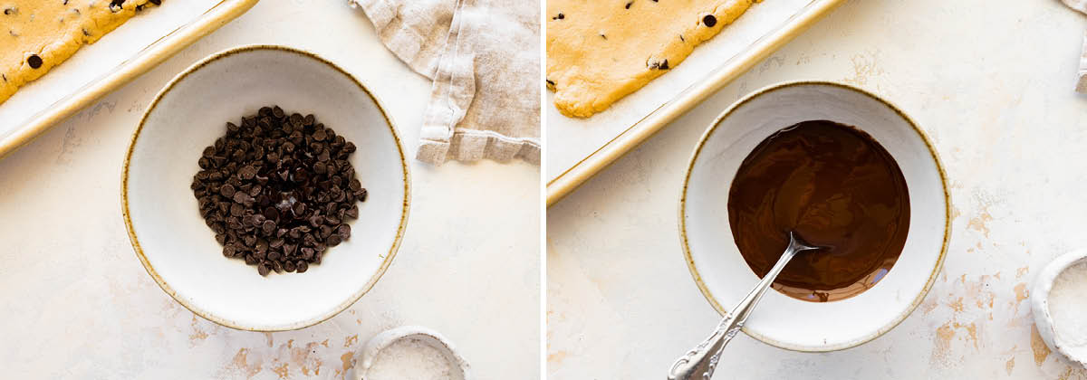 Side by side photos of a bowl with chocolate chips and coconut oil melted together.