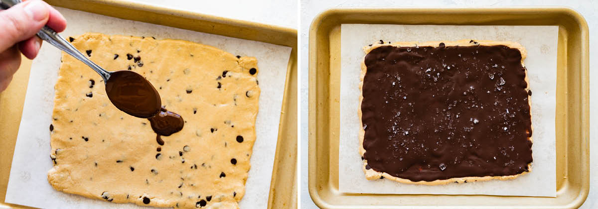 Photo of a spoon drizzling melted chocolate onto cookie dough bark. Next photo is of the bark topped with sea salt.