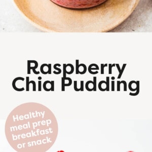 Two photos of Raspberry Chia Pudding in little glass jars and topped with more raspberries and granola.