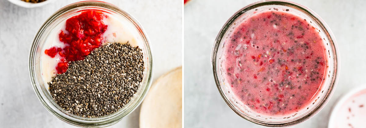 Side by side photos of the ingredients to make Raspberry Chia Pudding in a jar, before and after being mixed.