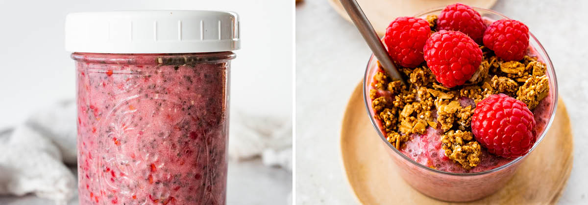 Side by side photos-- Raspberry Chia Pudding in a jar and then served in a little bowl with raspberries and granola.
