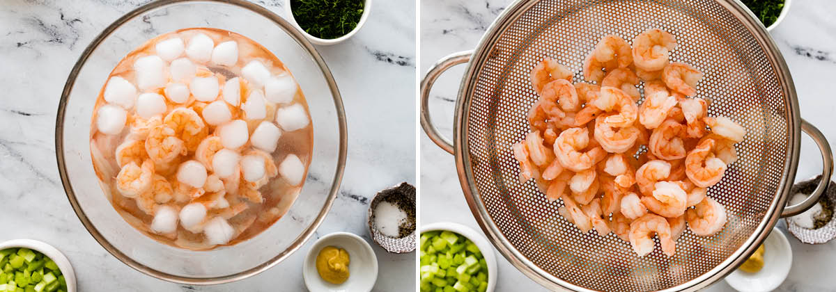 Photo of cooked shrimp in an ice bath, and photo of the shrimp in a colander.