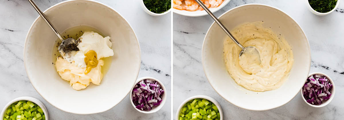 Side by side photo of ingredients next to each other to make mayo and Greek yogurt mixture for Shrimp Salad, before and after being mixed.