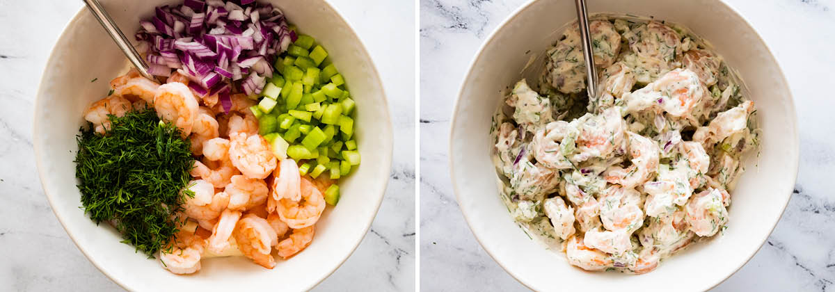 Two photos showing the ingredients to make Shrimp Salad in a bowl, before and after being mixed together: shrimp, celery, onion, herbs and mayo.