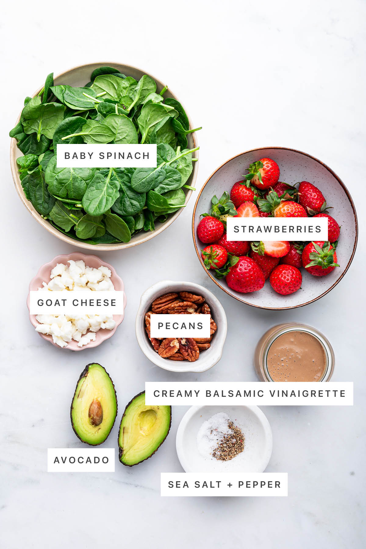 Ingredients measured out to make Strawberry Spinach Salad.