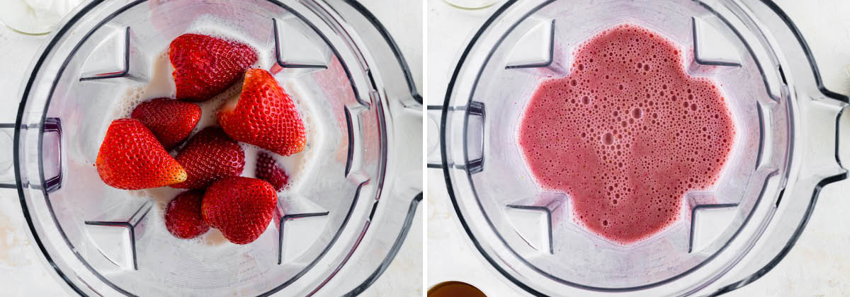 Strawberries and almond milk in a blender, before and after being blended.
