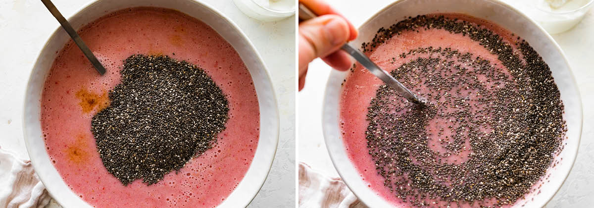 Photos of the strawberry mixture and chia seeds being stirred together to make Strawberry Chia Pudding.
