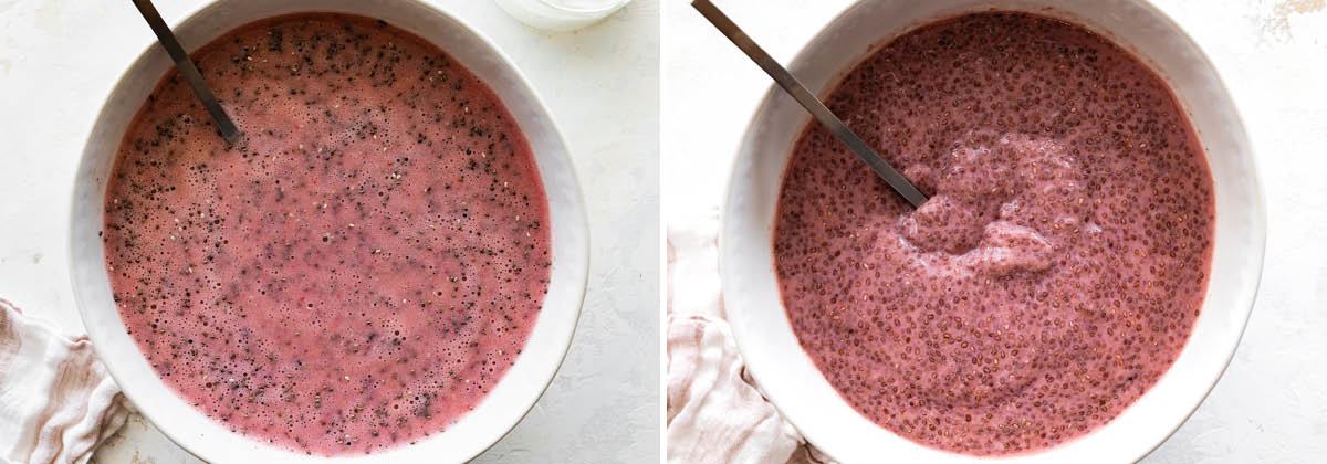 Two photos showing the steps of the chia seeds getting thick to make Strawberry Chia Pudding in a bowl.