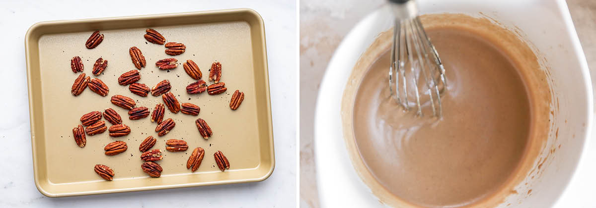 Photo of toasted pecans on a sheet pan, and a photo of a whisk stirring together a creamy balsamic dressing.