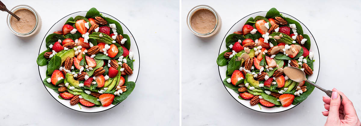 Side by side photos of a strawberry spinach salad, before and after being topped with a creamy balsamic dressing.