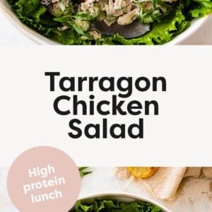 Two photos of Tarragon Chicken Salad served over lettuce with crackers.