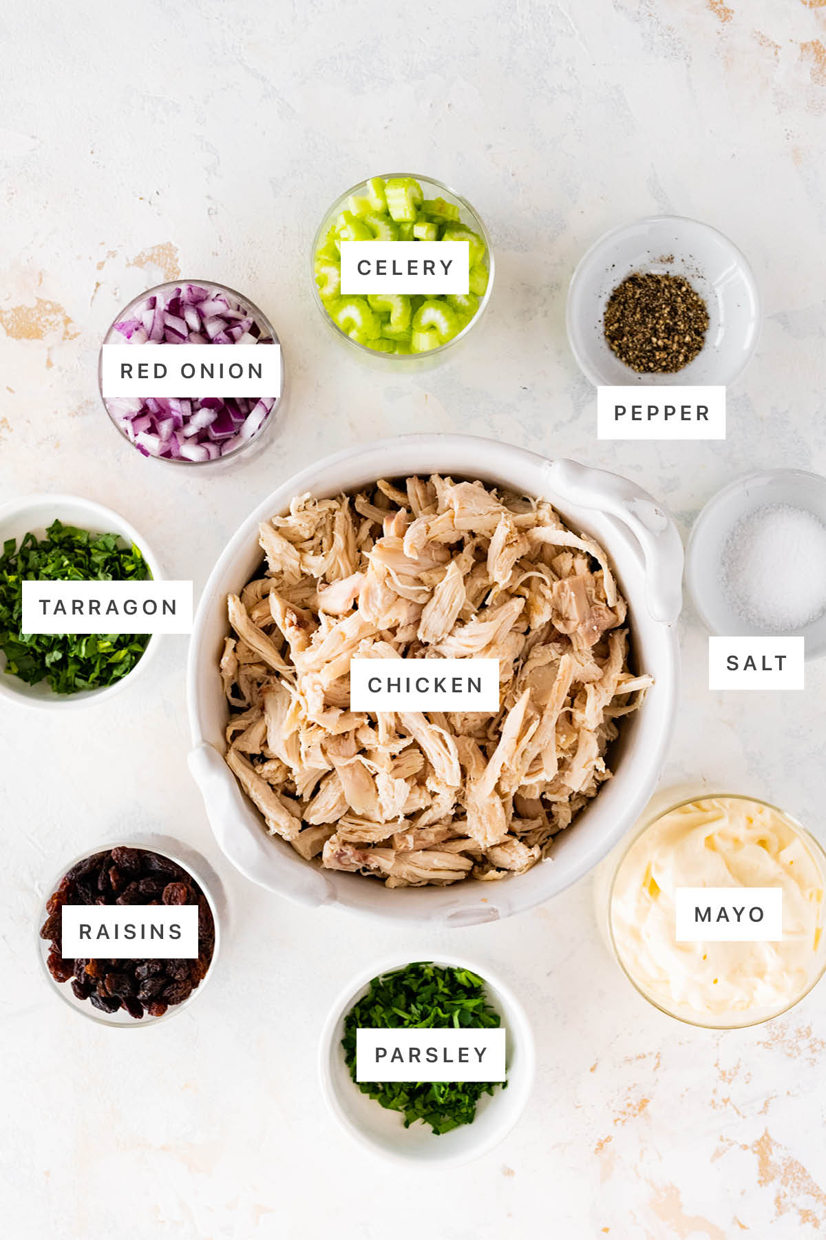 Ingredients measured out to make Tarragon Chicken Salad: red onion, celery, pepper, tarragon, chicken, salt, raisins, parsley and mayo.