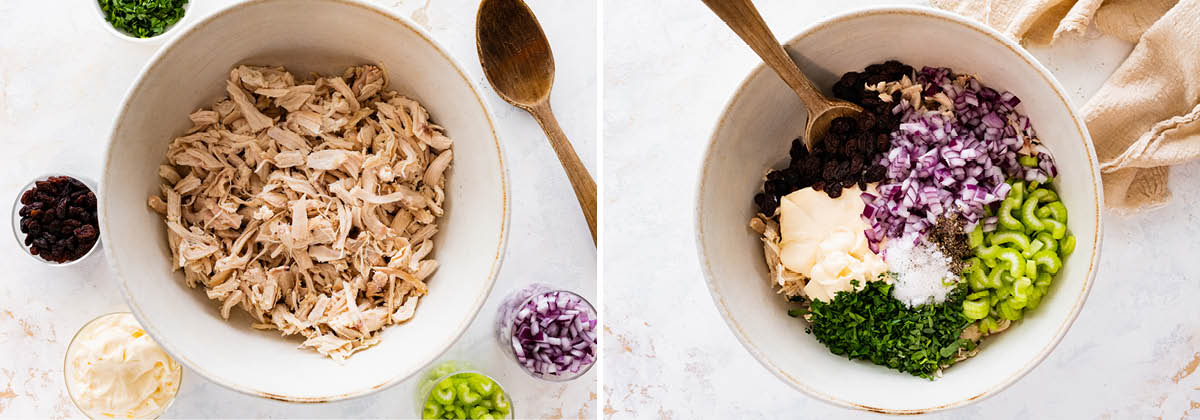 Photo of shredded chicken in a bowl, and then raisins, mayo, herbs and veggies added.