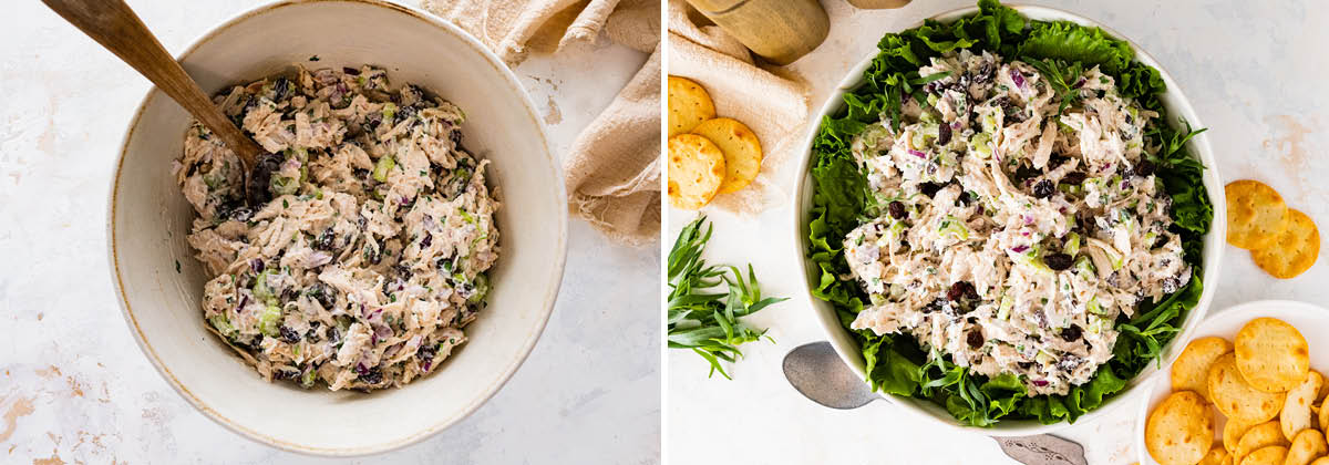Side by side photos of chicken salad in a bowl, and the chicken salad served over greens with crackers on the side.