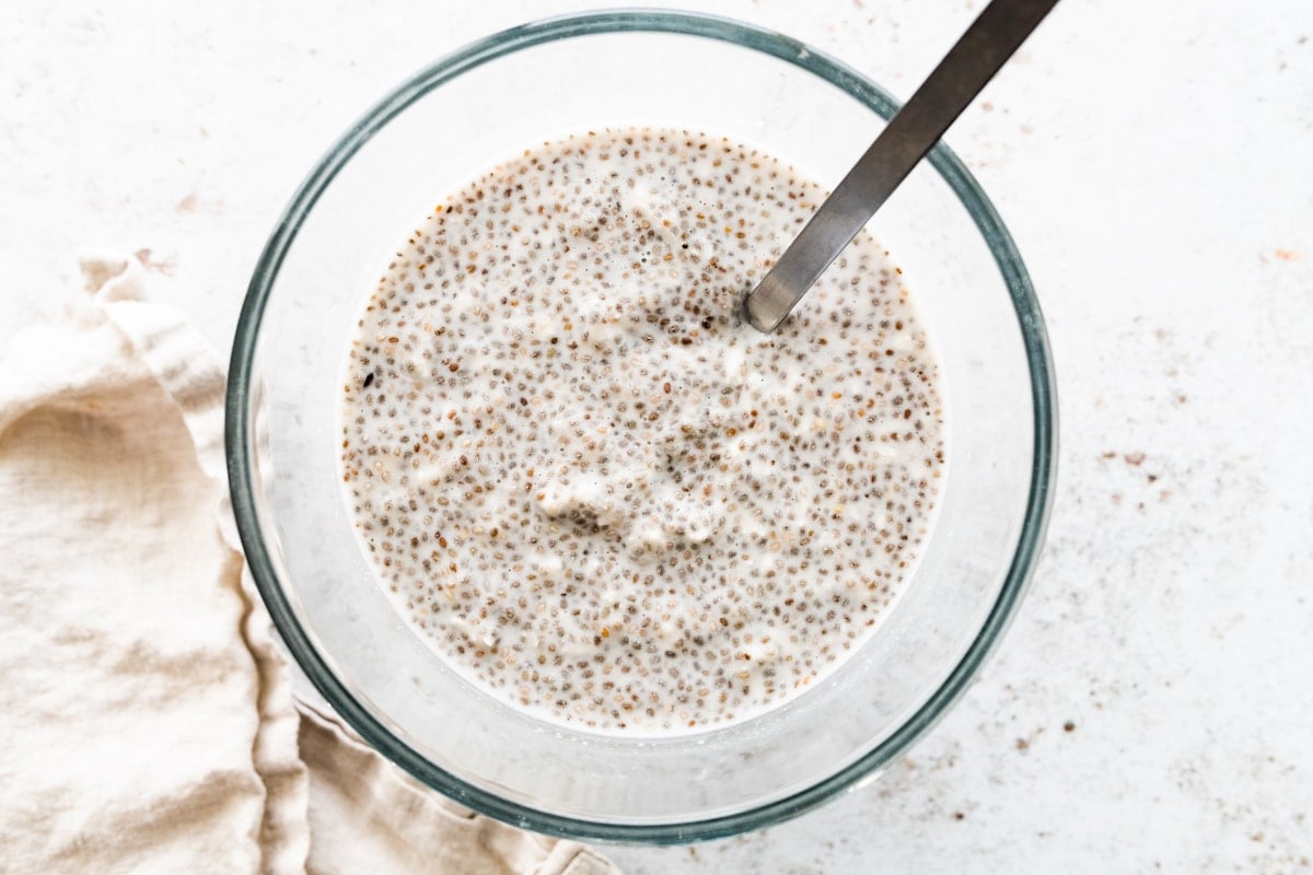 Coconut chia pudding in a large glass bowl.