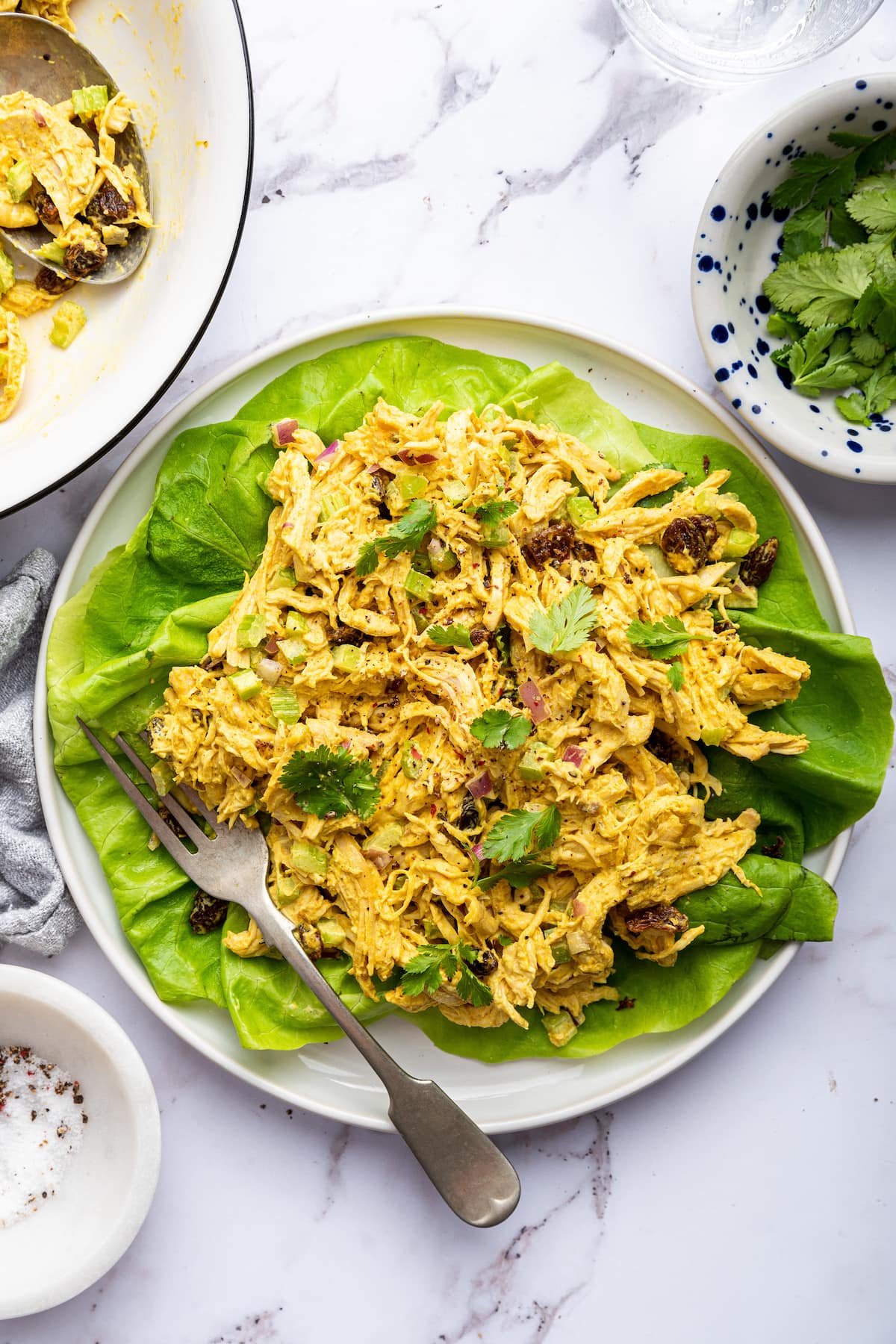 Curry chicken salad on a bed of lettuce.
