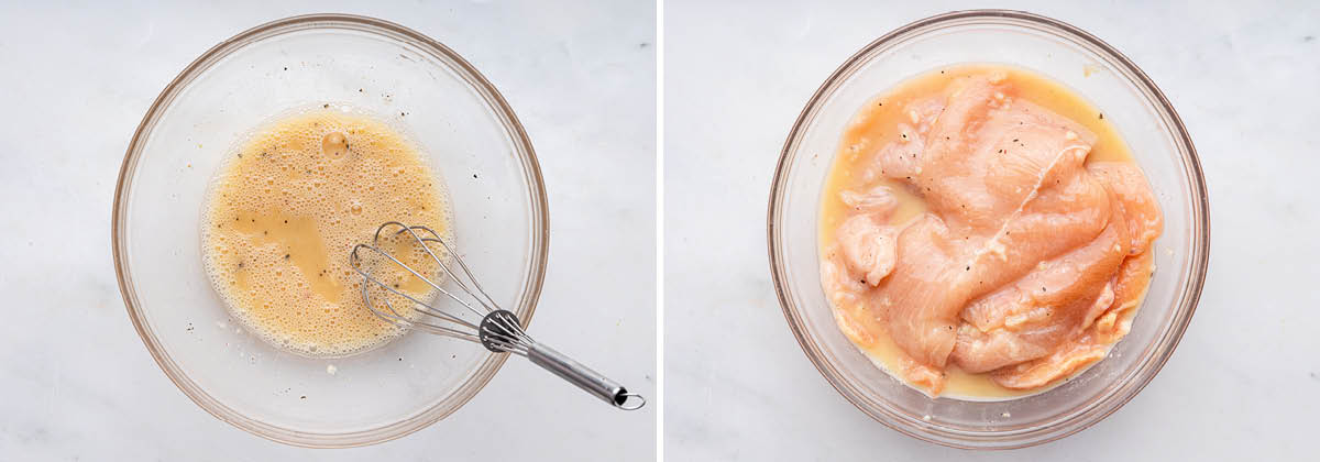 Photo of marinate in a bowl. Photo beside it is of raw chicken cutlets added to the marinade.