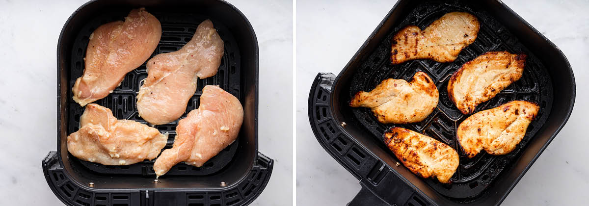 Side by side photos of chicken cutlets in an air fryer basket, before and after being cooked.