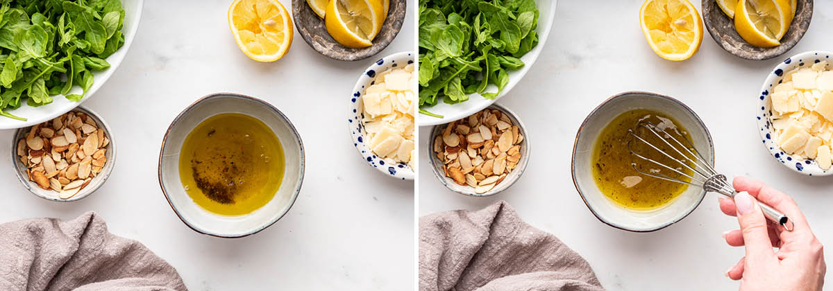 Side by side photos showing a small bowl with the ingredients for a simple lemon vinaigrette, before and after being whisked together.