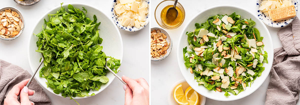 Photo of arugula being tossed with vinaigrette in a bowl. and a photo of the salad topped with parmesan and almonds.