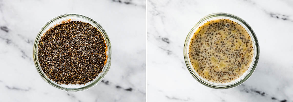 Two photos showing the ingredients in a jar to make Banana Chia Pudding, before and after being mixed together.