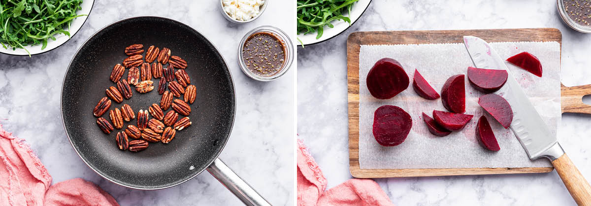 Photo of pecans toasting in a pan, and photo of beets being cut on a cutting board.