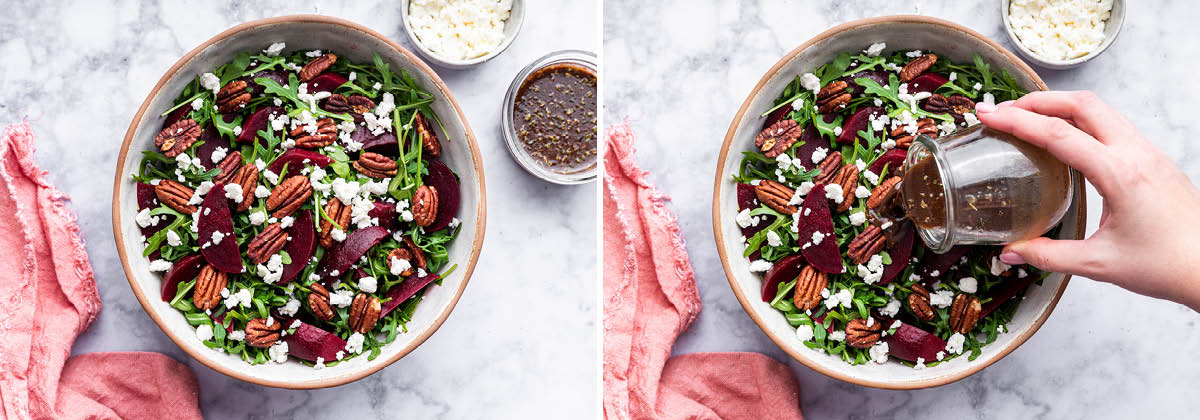 Photo of beet salad, next to a photo of a hard pouring a jar of balsamic dressing over the salad.