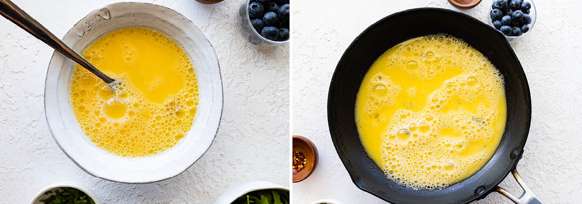 Photo of eggs whisked in a bowl, and a photo of the mixture added to a skillet.