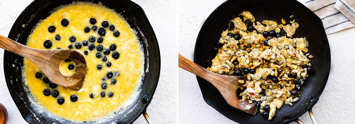Eggs and blueberries in a pan, and a photo of the egg blueberry mixture scrambled and topped with pistachios.