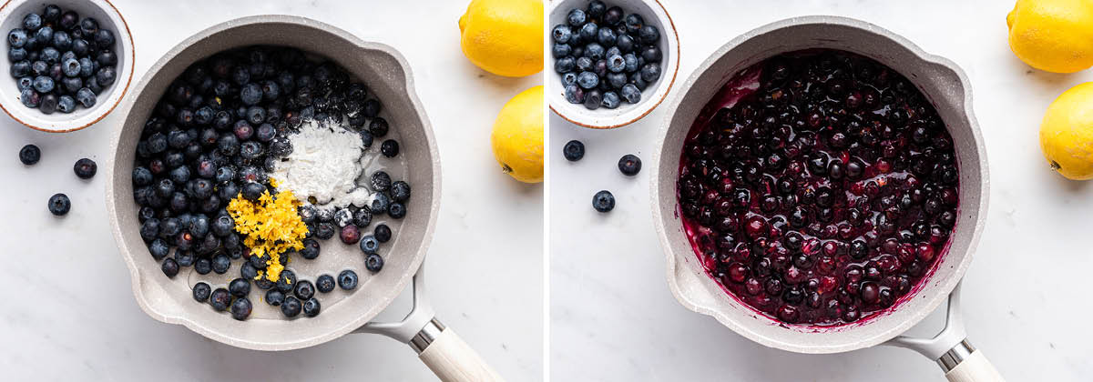 Photos of blueberries, lemon zest and cornstarch in a pot, before and after being cooked into a thickened mixture.