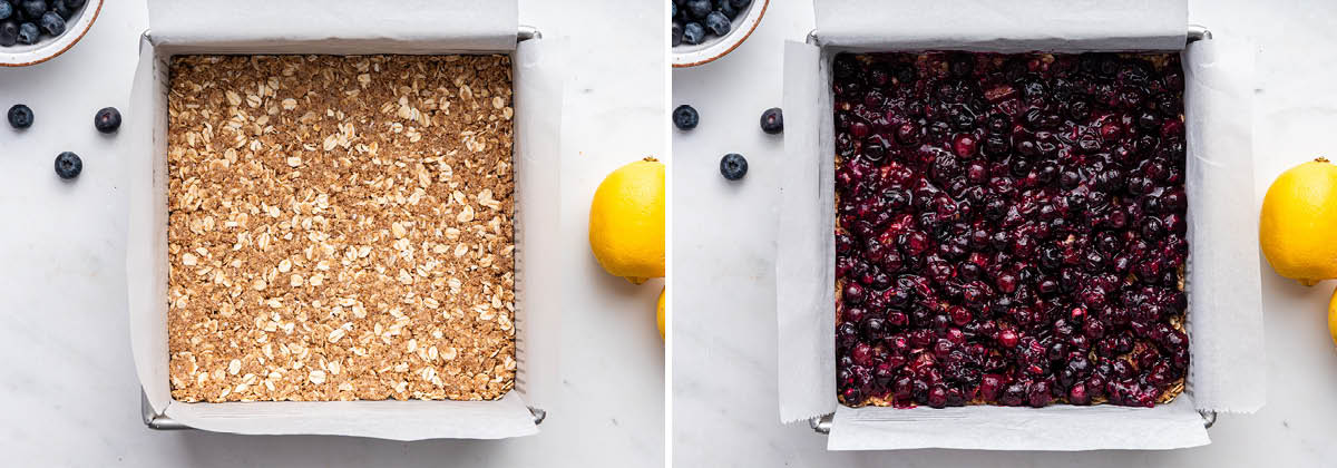 Photo of oat crust pressed into a baking pan. Photo of the blueberry filling added on top.