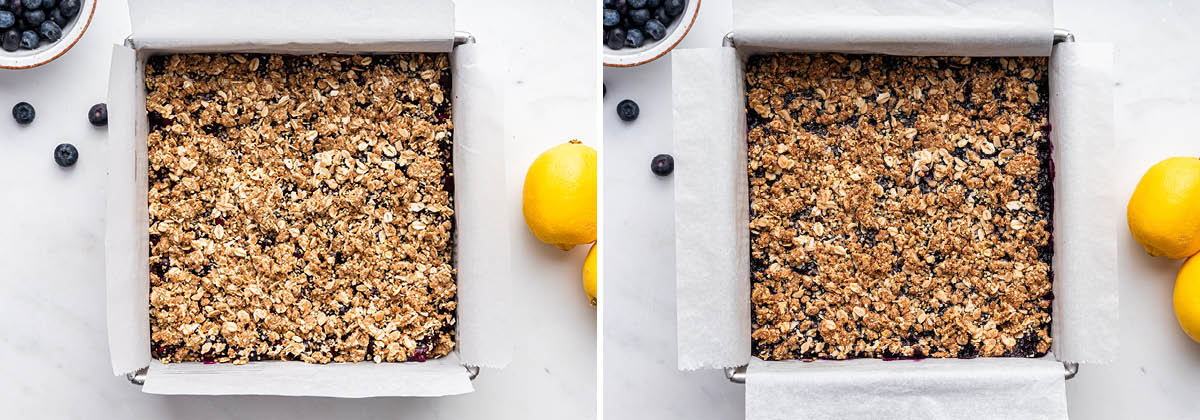 Side by side photos of blueberry crumble bars in a pan, before and after being baked.