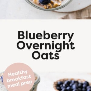 Two photos showing jars of Blueberry Overnight Oats topped with blueberries.