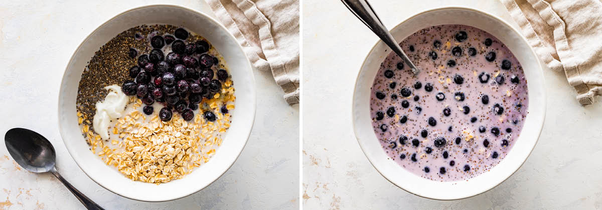 Two photos showing oats, almond milk, blueberries, yogurt and chia seeds in a bowl, before and after being stirred together.