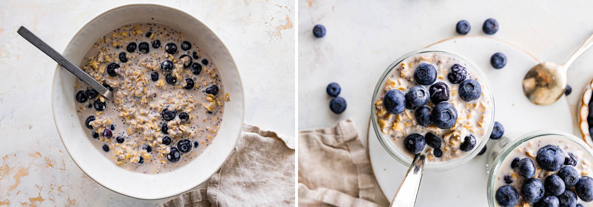 One photo showing blueberry overnight oats in a bowl. Second photo of the oats served in two jars and topped with extra blueberries.