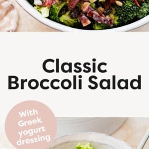 Classic Broccoli Salad served in a serving bowl and in a smaller salad bowl with a fork.