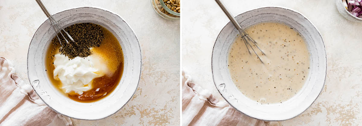 Side by side photos showing the ingredients to make a Greek yogurt dressing in a bowl, before and after getting whisked together.