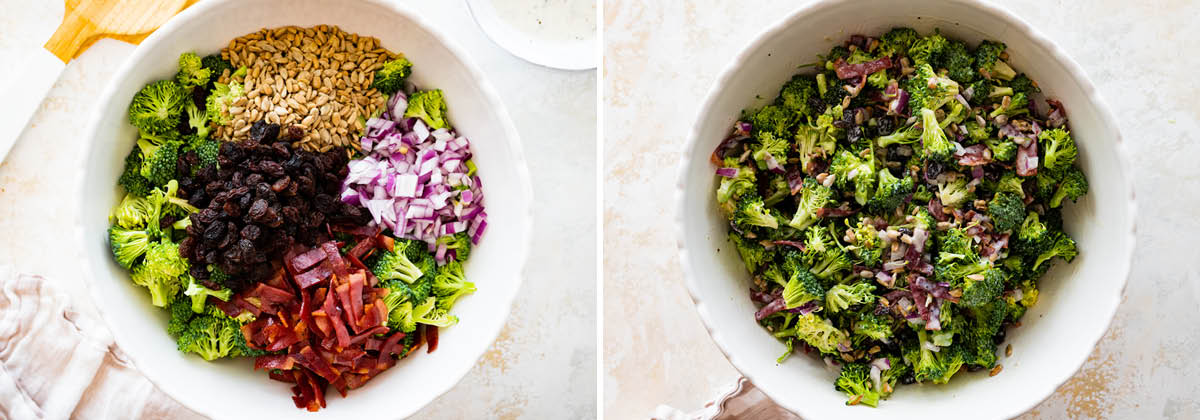 Side by side photos of the ingredients to make Classic Broccoli Salad in a bowl, before and after being mixed.