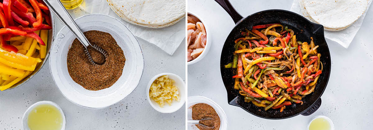 Photo of spices whisked together in a bowl for fajita seasoning. Photo of peppers and onions cooked with the seasoning in a skillet.