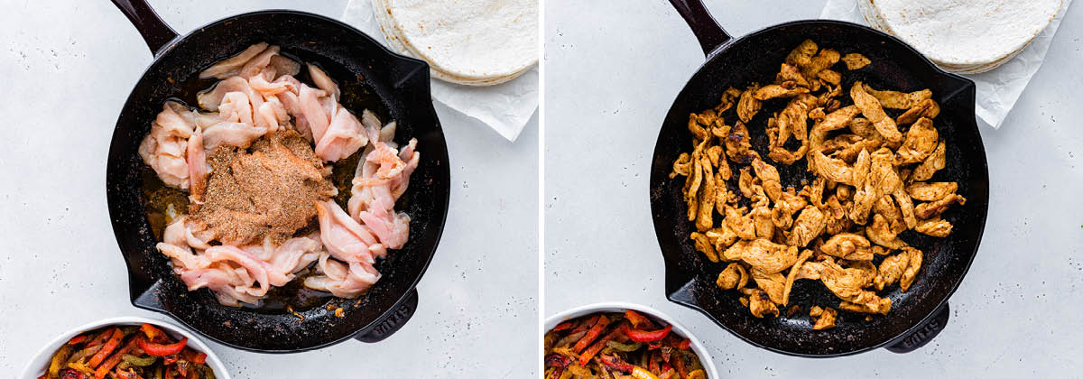 Photo of fajita seasoning and chicken strips in a skillet. Photo next to it is of the chicken strips fulled cooked in the skillet.