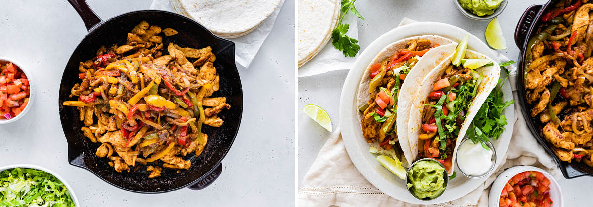 Photo of chicken fajitas in a skillet. Photo of two tacos prepared with the chicken fajitas.