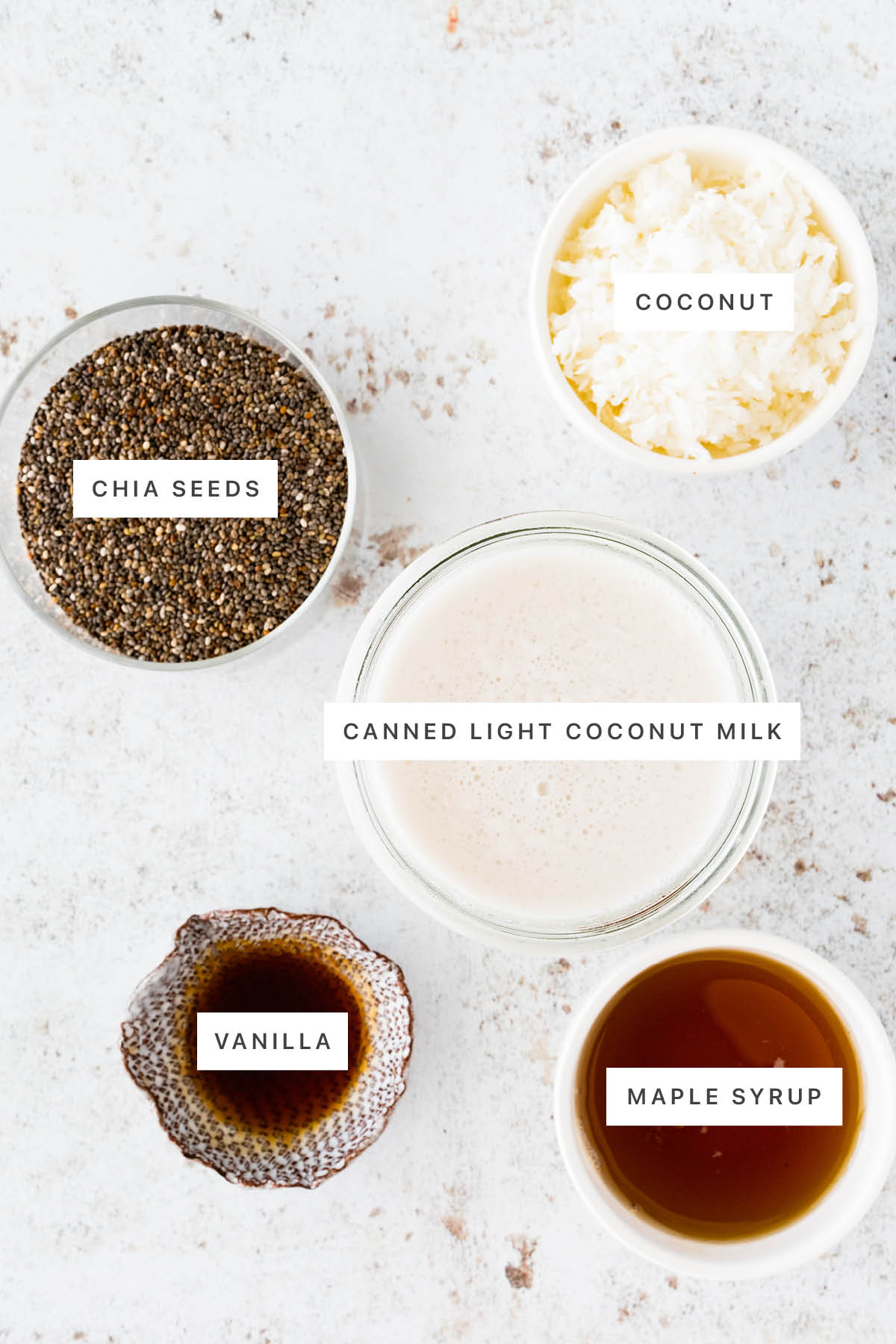 Ingredients measured out to make Coconut Chia Pudding: chia seeds, coconut, canned light coconut milk, vanilla and maple syrup.