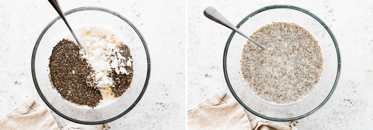 Side by side photos of the ingredients in a bowl to make Coconut Chia Pudding, before and after being stirred together.