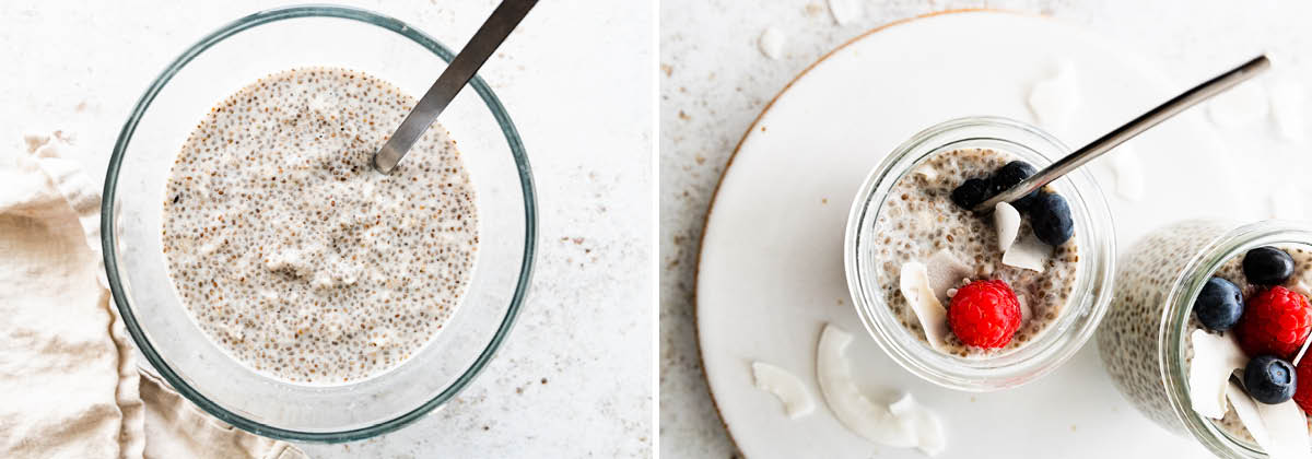 Photo of Coconut Chia Pudding in a bowl, and a photo of the chia pudding added to two jars and topped with coconut and berries.