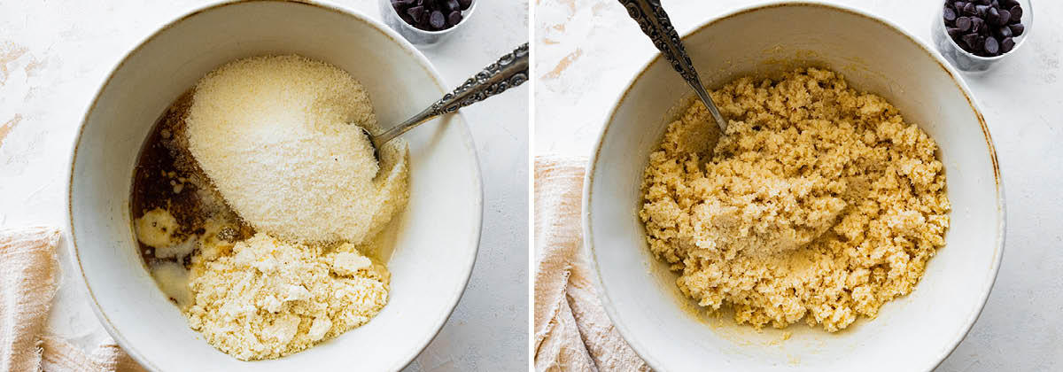 Two photos showing the ingredients to make Coconut Macaroons in a bowl, before and after being mixed.