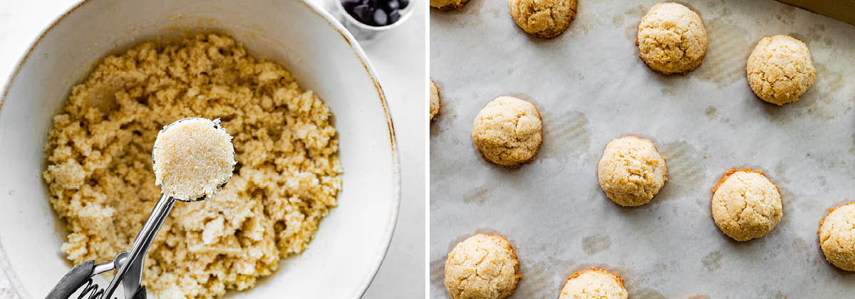 Photo of a cookie scoop with a scoop of the coconut macaroon mixture. Next photo is of baked coconut macaroons on a cookie sheet.